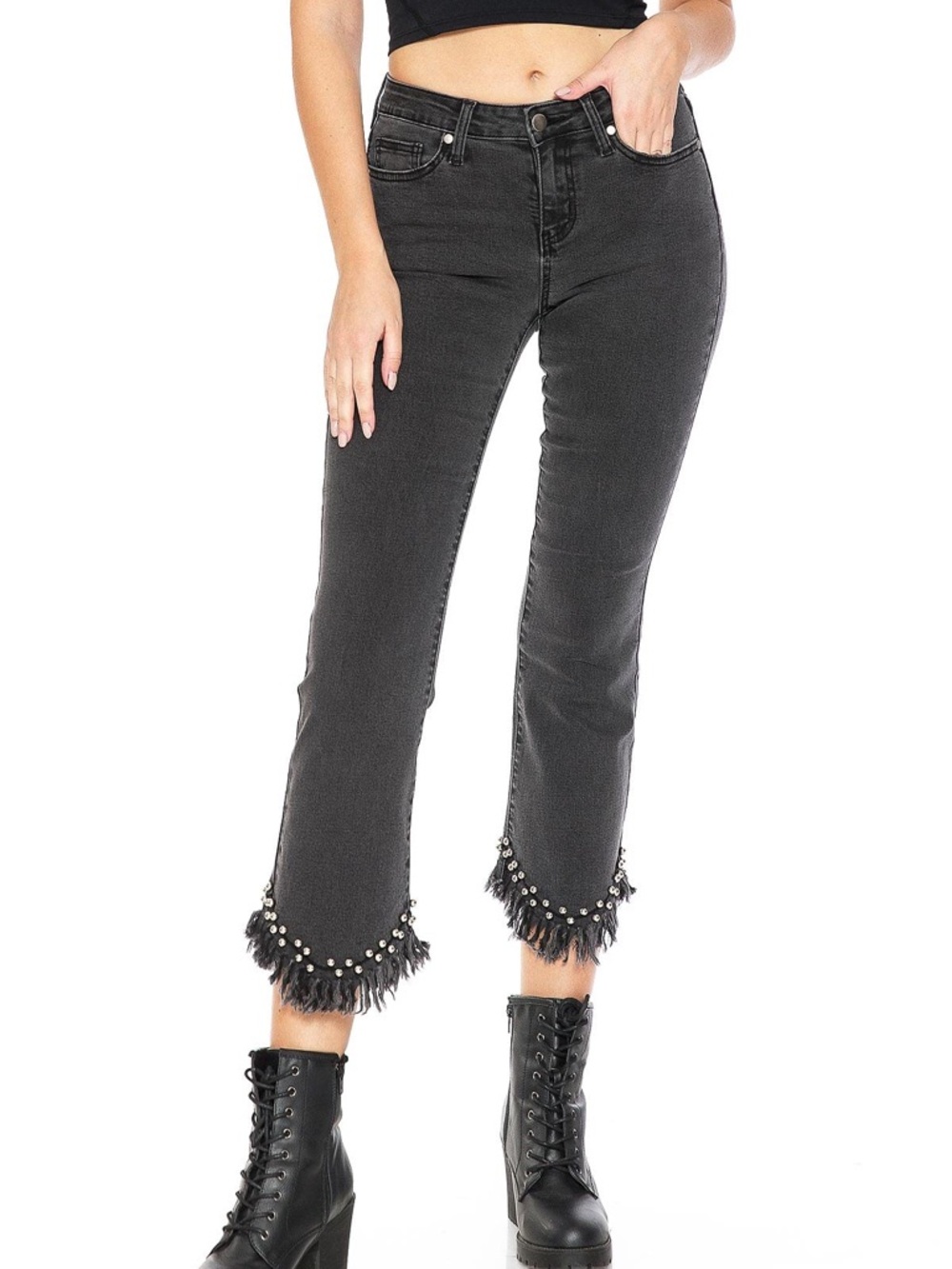 Forever 21 Black Cropped Jeans with Fringe & Stud Trim